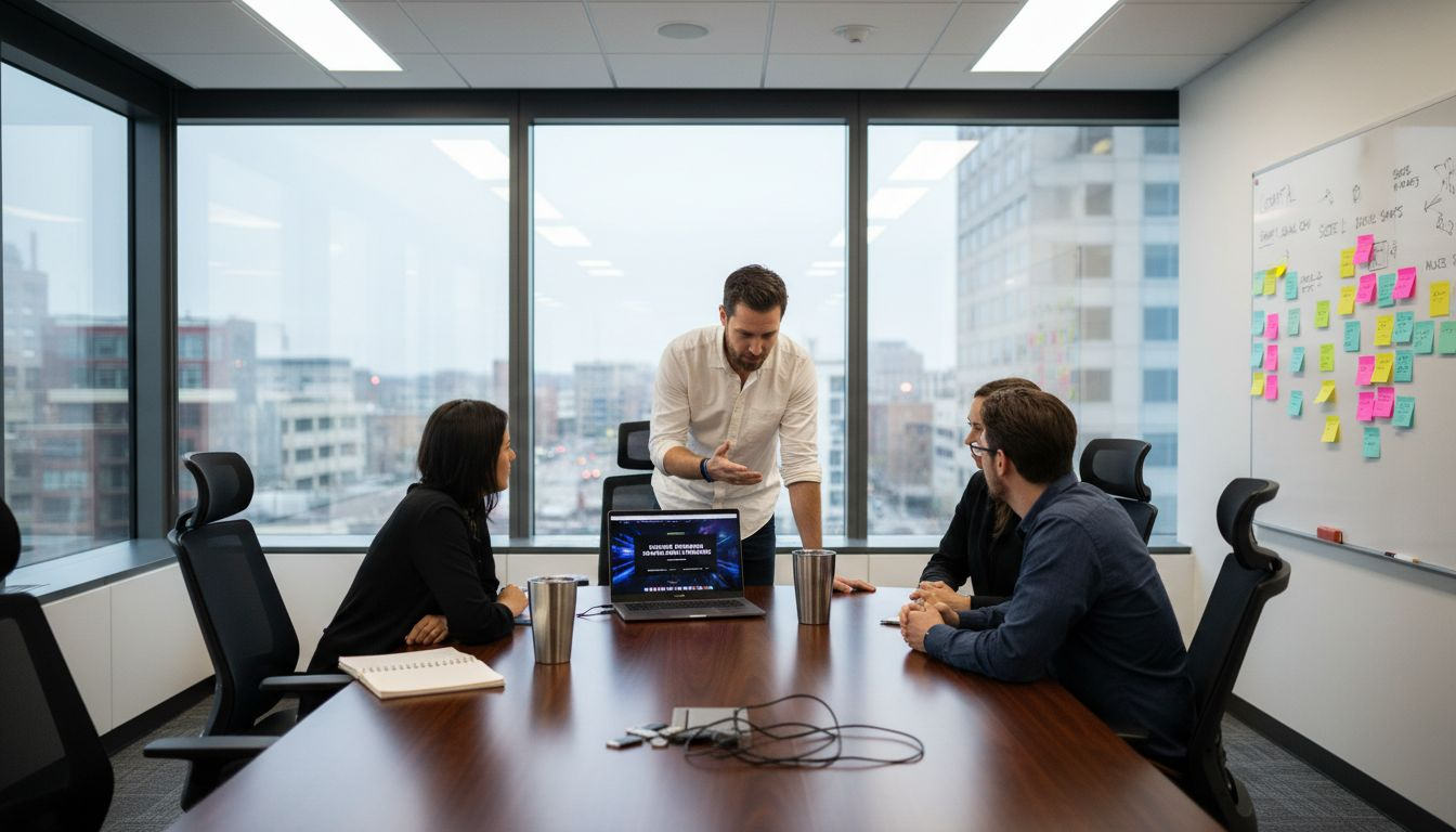 Team watching sizzle video preview in office