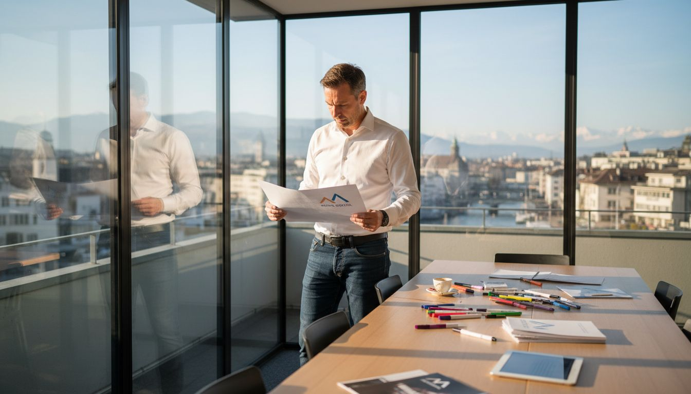 Swiss manager reviewing visual campaign materials
