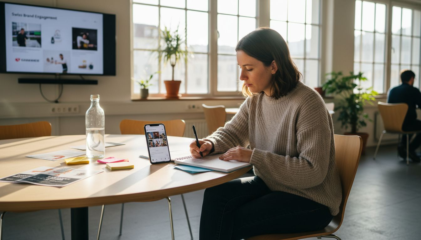 Woman analyzing brand visuals in Zurich office
