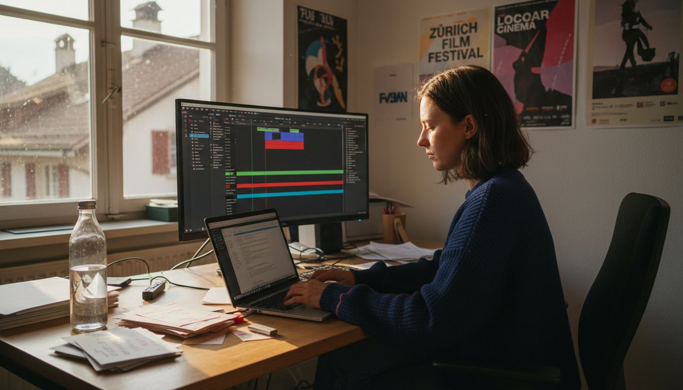 Video editor reviewing film footage Swiss suite