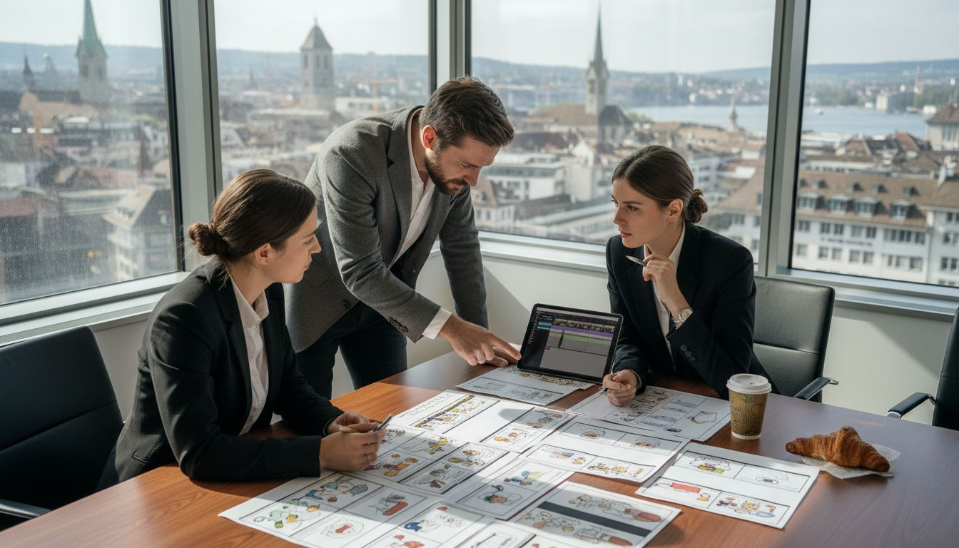 Swiss team discussing video project in office