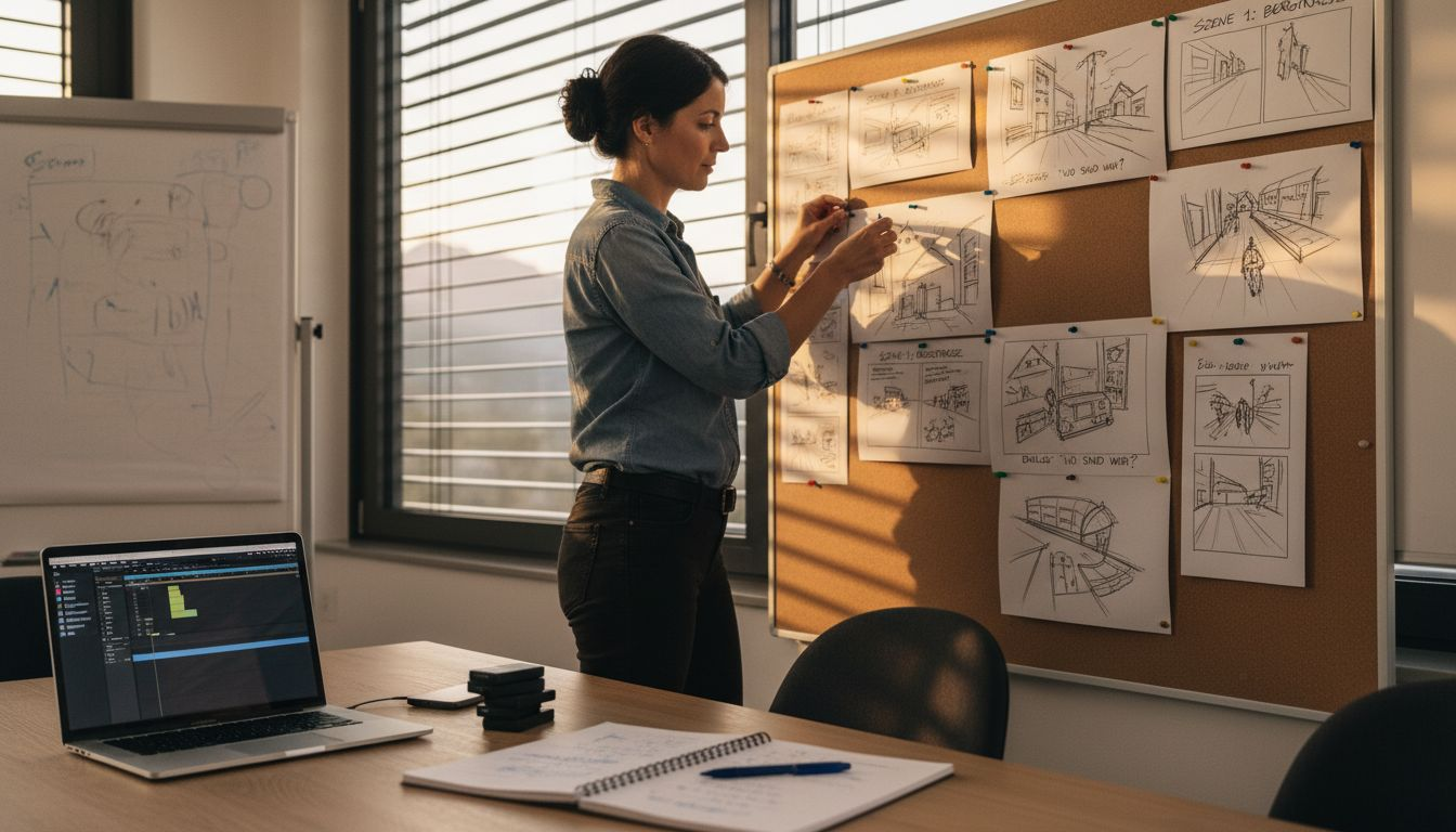 Producer pinning video storyboards in meeting room