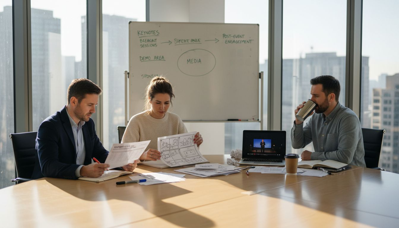 Team plans conference video with storyboard sketches