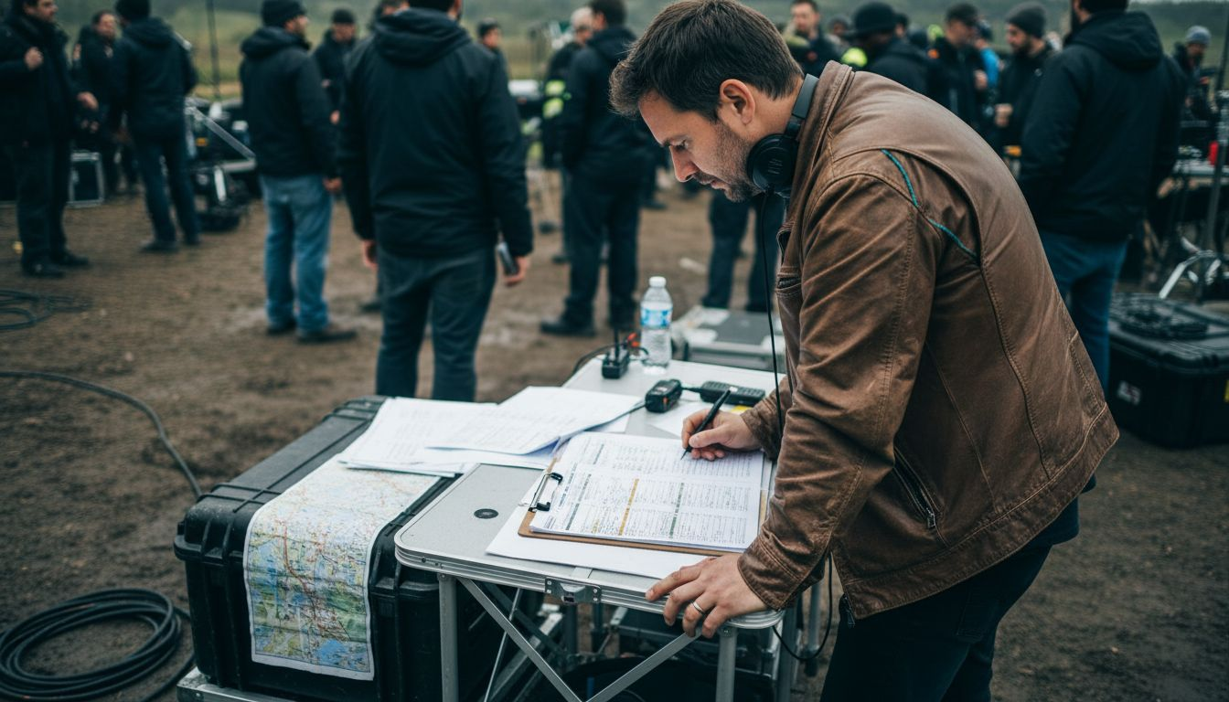 Director reviews production schedule on outdoor set