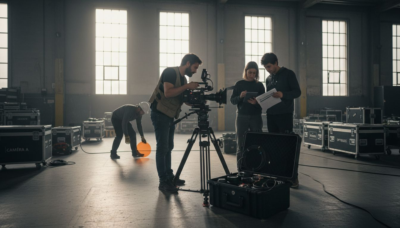 Le chef opérateur et son équipe s'affairent aux derniers préparatifs avant le début du tournage.