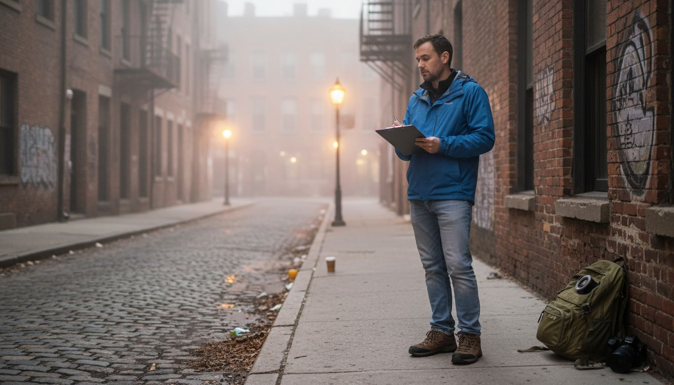 Location scout surveys city alley for film shoot