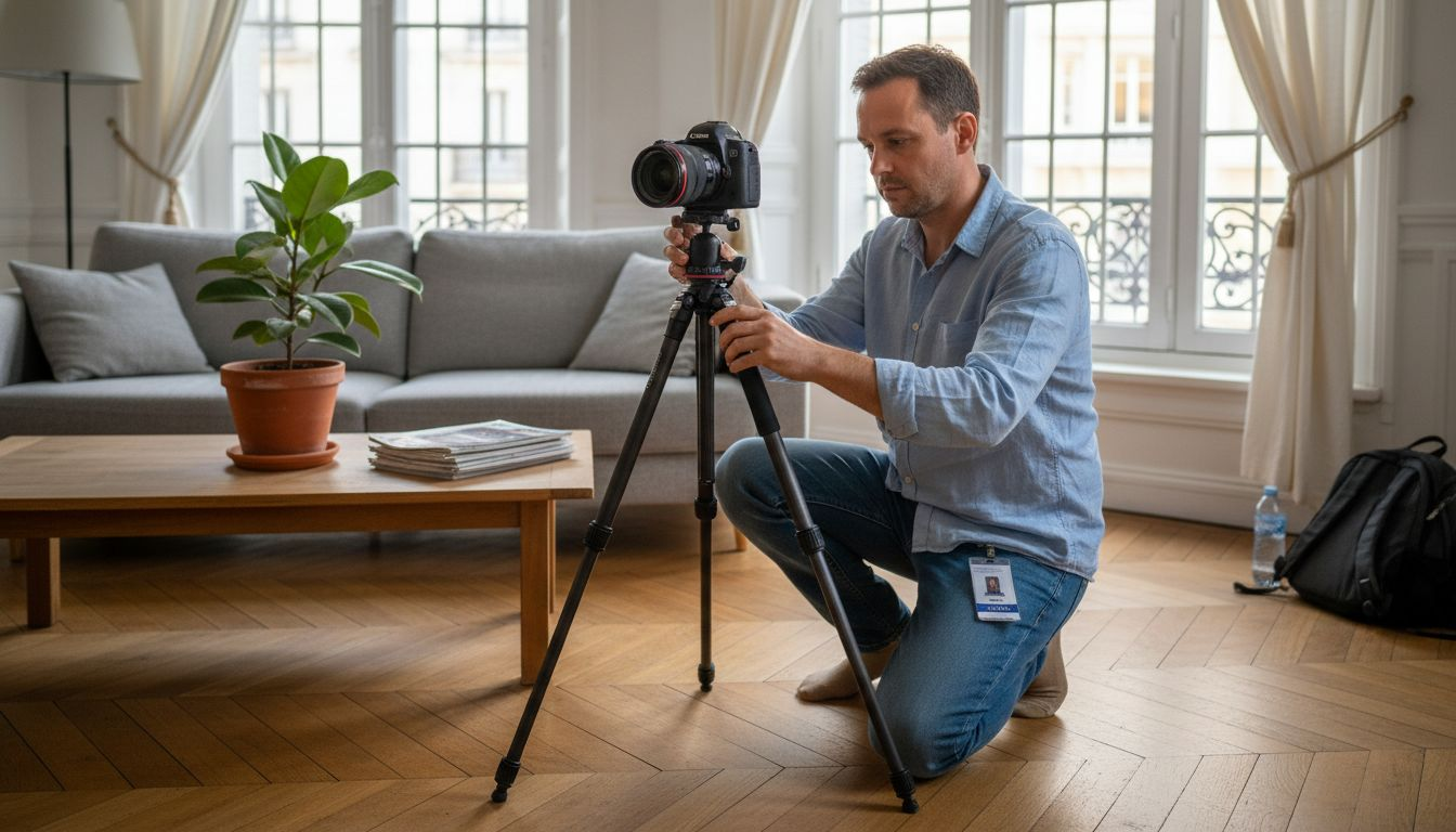Un photographe s’affaire à mettre en place son studio pour une séance photo.