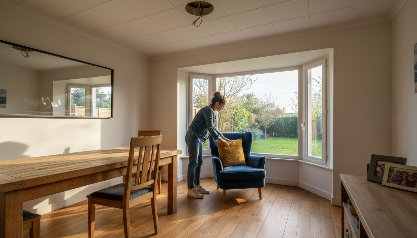 Une décoratrice met la touche finale à la salle à manger avant la séance photo
