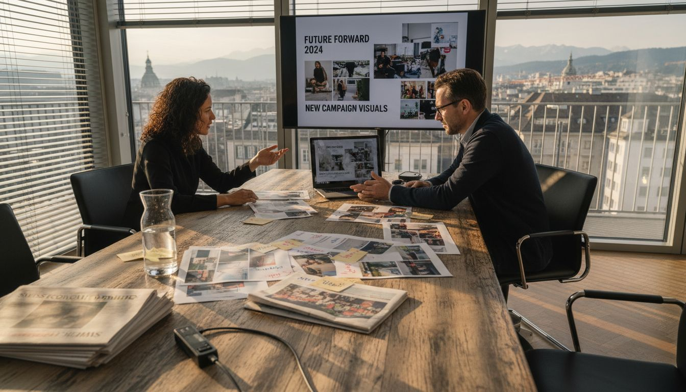 Swiss marketing team reviewing visual campaign