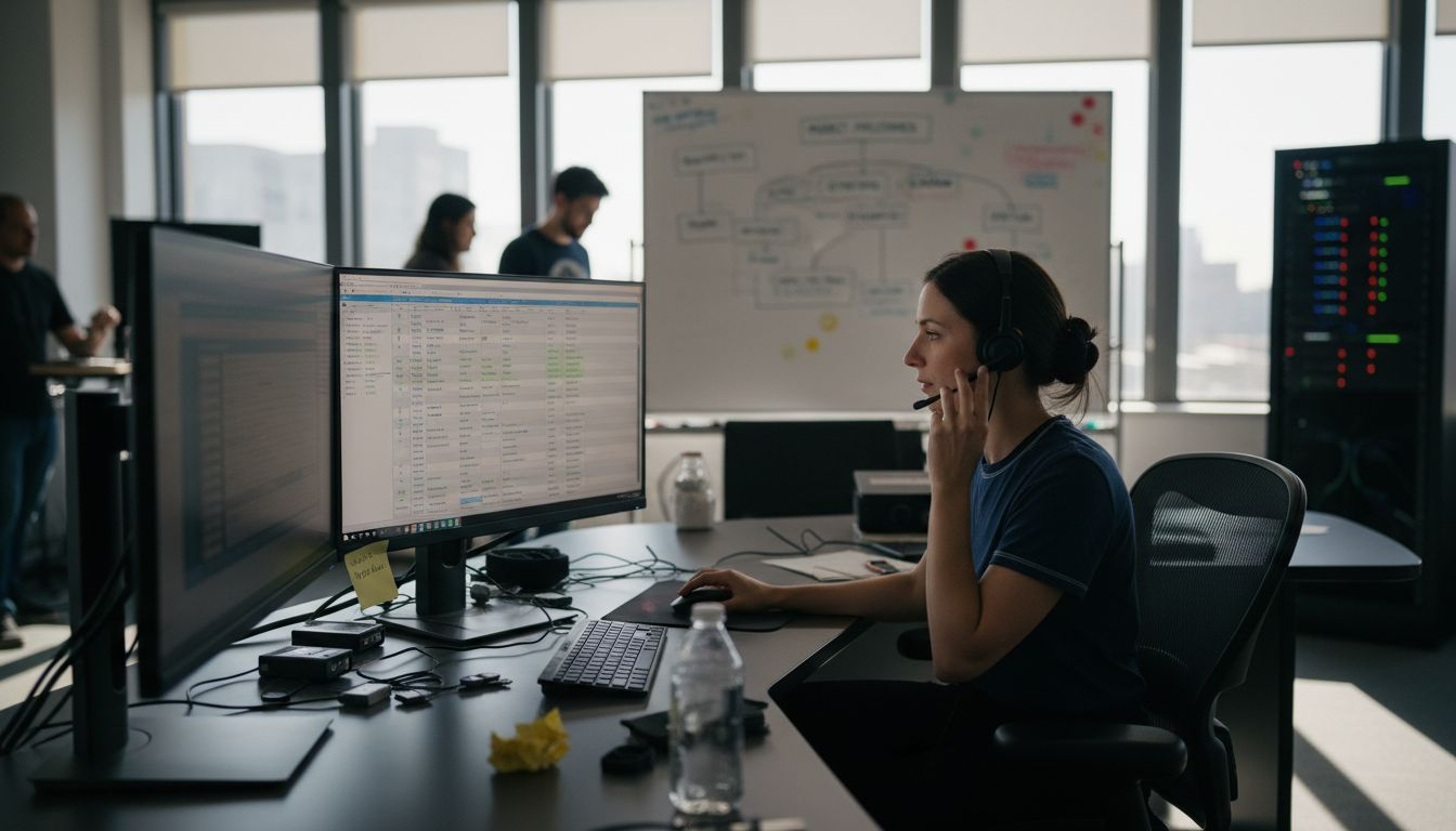 Coordinator multitasking at film editing desk