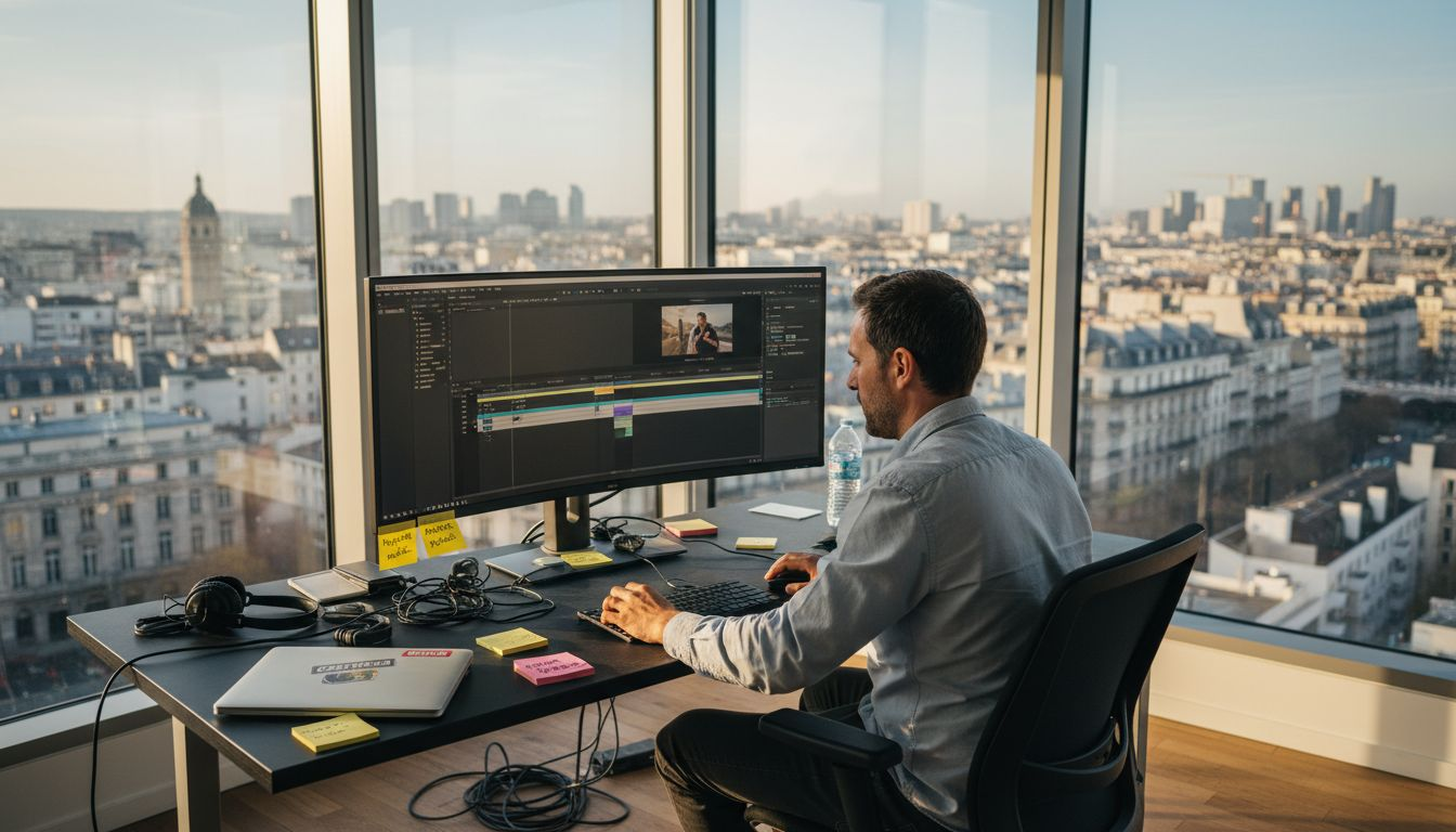 Un monteur vidéo concentré sur son travail, installé à son bureau dans un bureau lumineux.