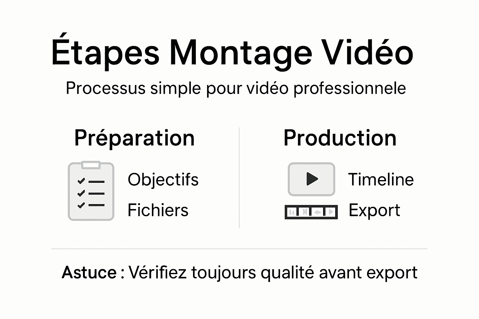 Découvrez en un clin d’œil les différentes étapes essentielles pour réussir le montage vidéo grâce à notre infographie.
