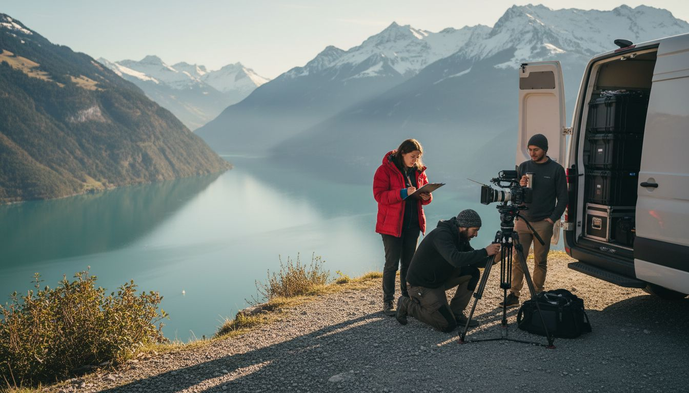 Film crew setting up equipment near Swiss mountains
