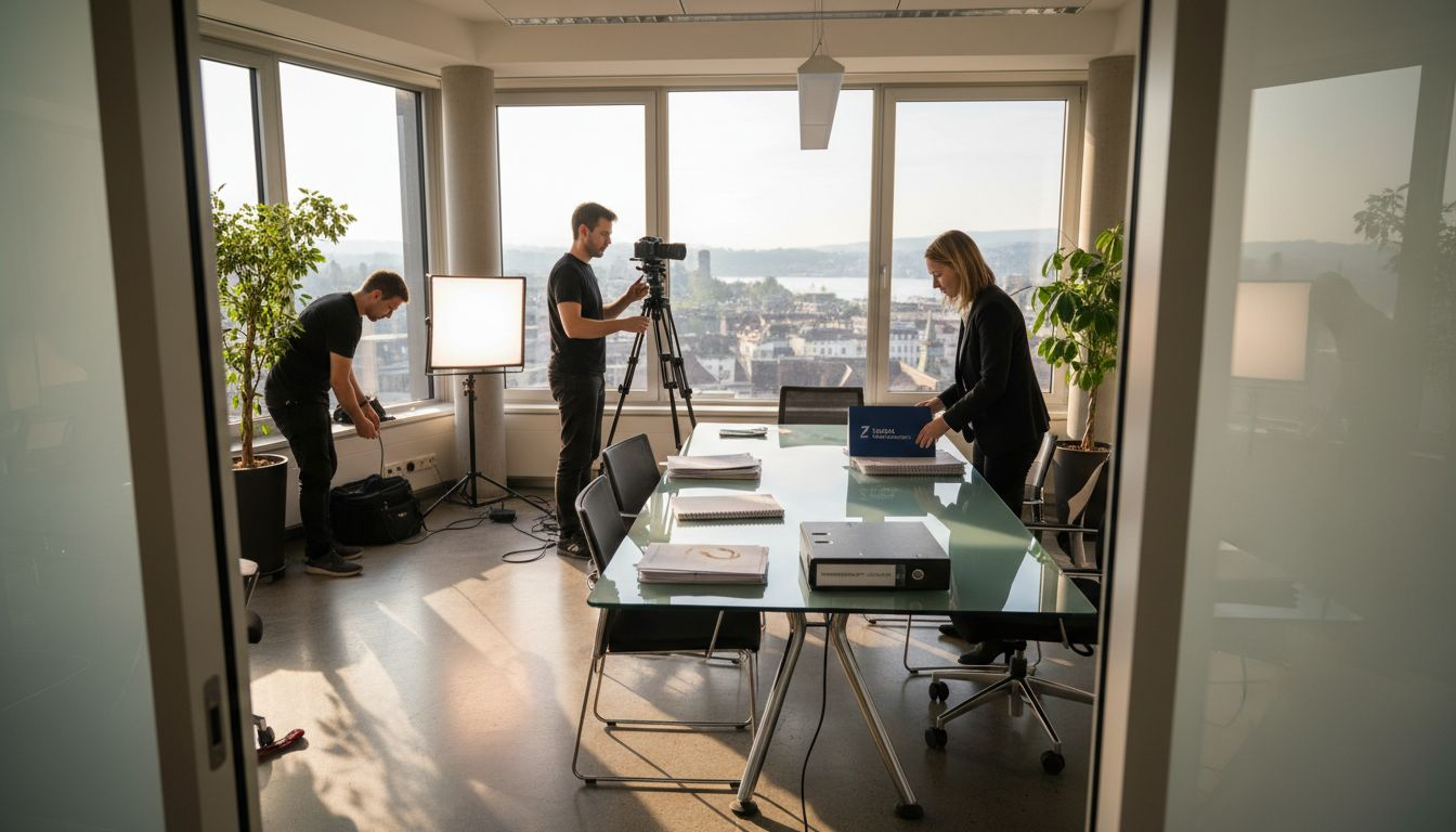 Swiss video crew preparing office shoot