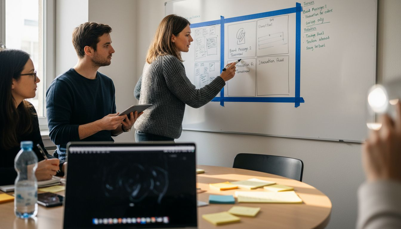 Team reviews video storyboard sketches