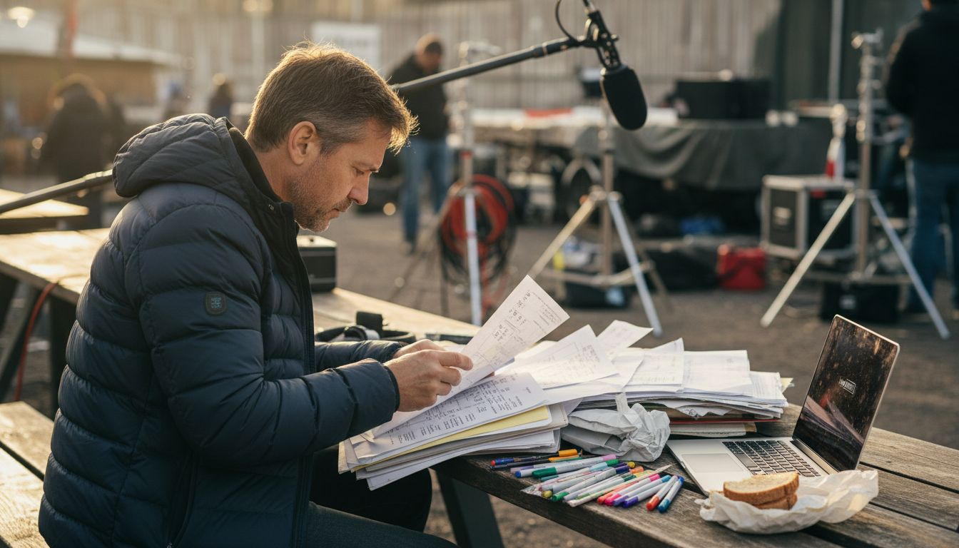Director organizing pre-production paperwork on set