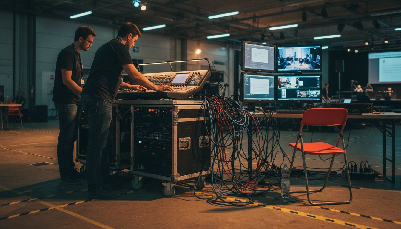 Des techniciens s'affairent à installer et régler le matériel audiovisuel pour un événement.