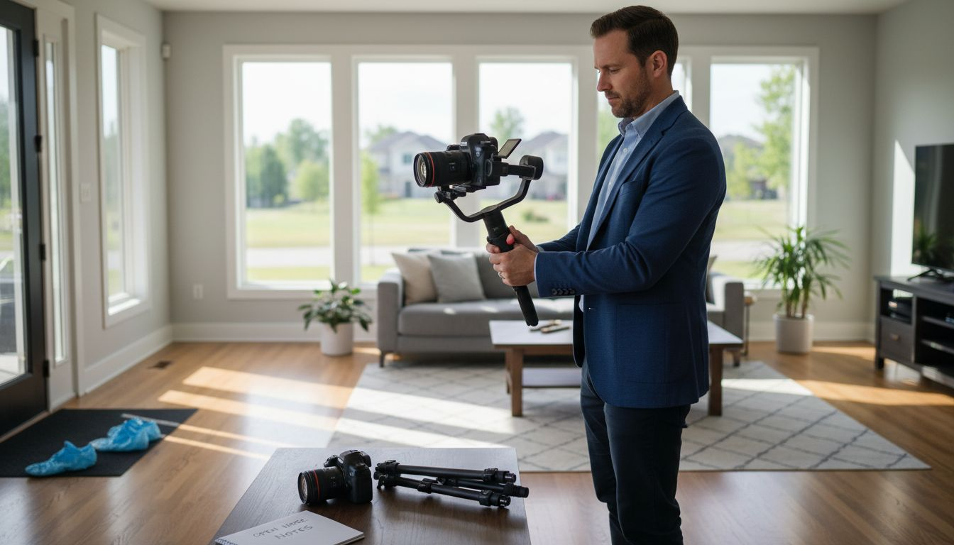 Agent filming real estate video in bright living room