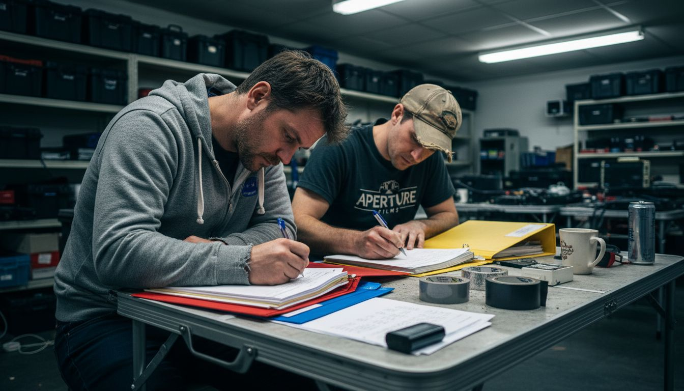 Film crew filling out production worksheets