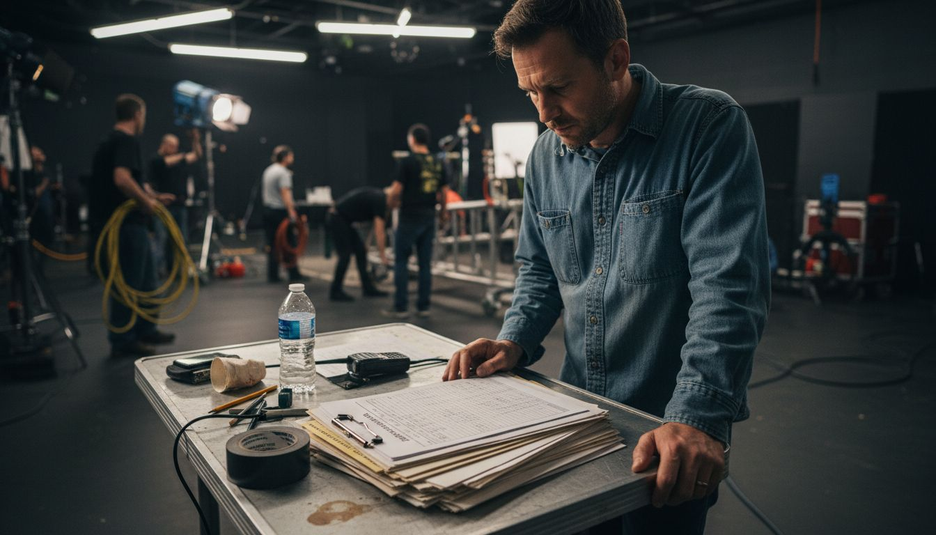 Film production manager reviewing worksheets on set