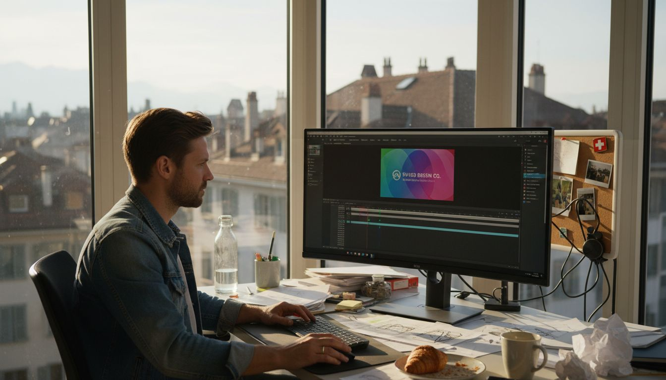 Designer editing motion graphics in Swiss office