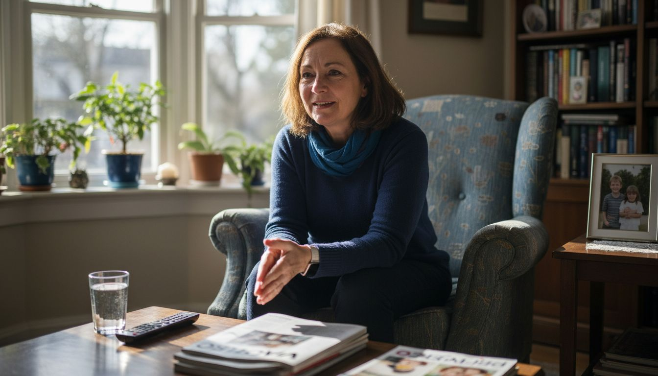 Woman being interviewed for documentary at home