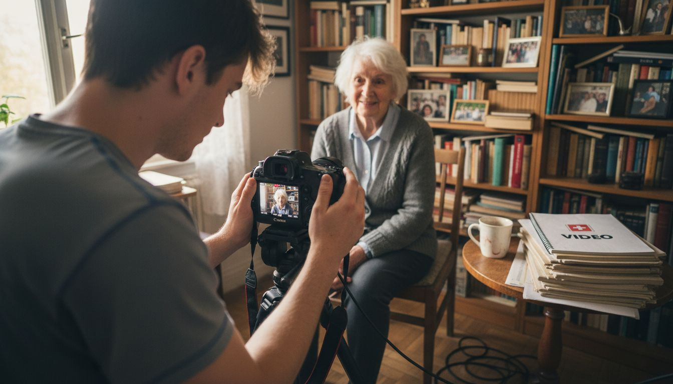 Filmmaker setting up interview camera angle