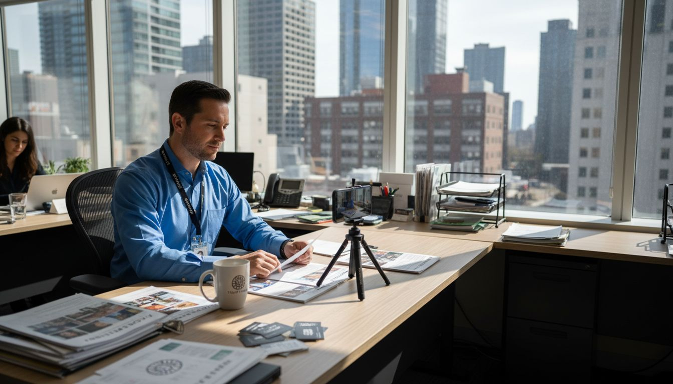 Agent recording property video in city office