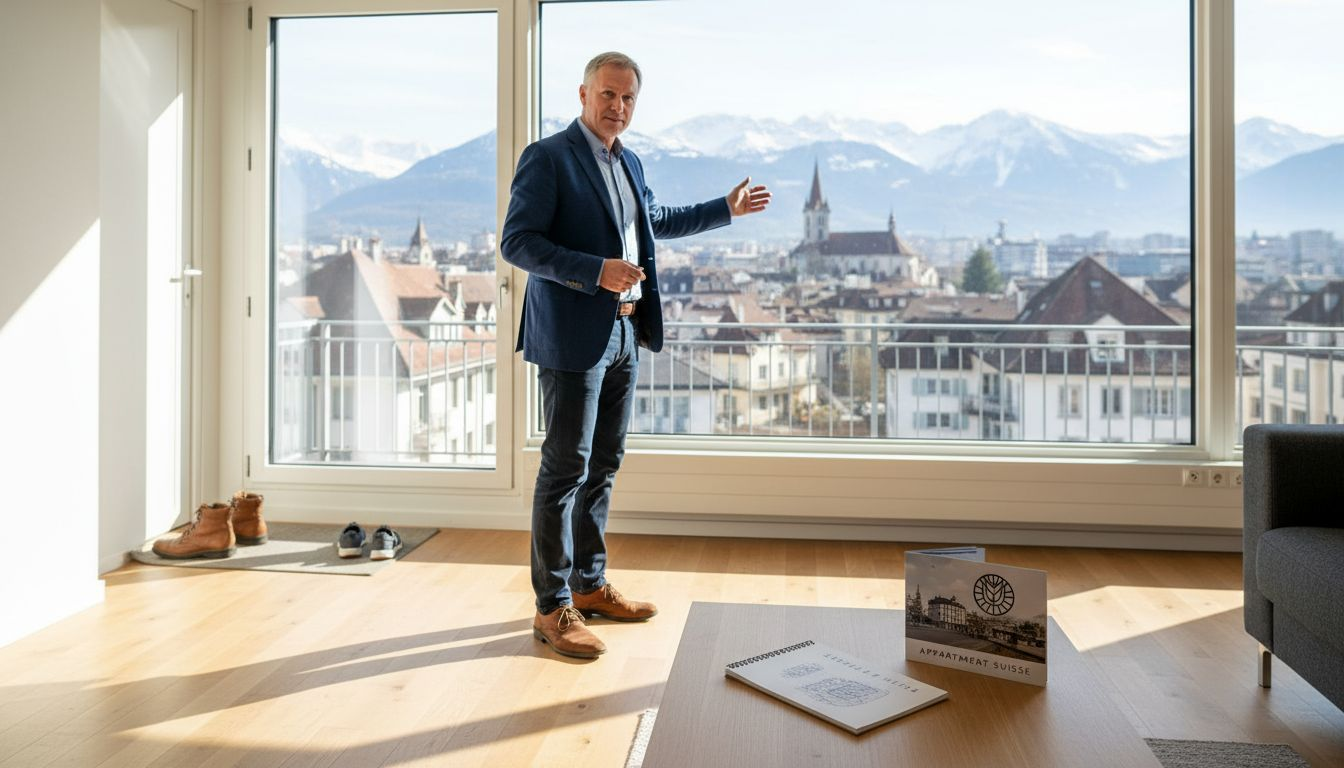 Un conseiller immobilier suisse fait découvrir un séjour baigné de lumière à ses clients.