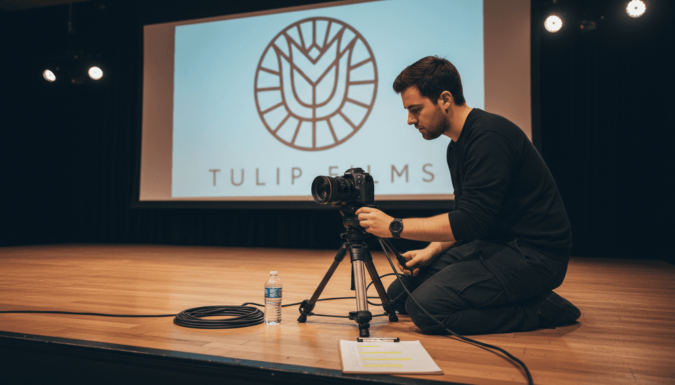 Technician preparing corporate event video setup