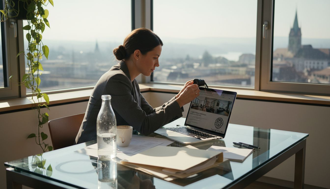 Agent video calls in Swiss corner office
