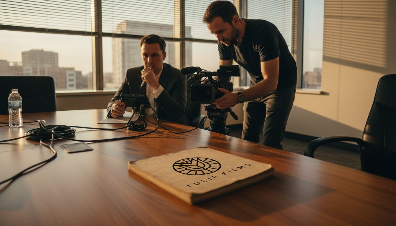 Un vidéaste procède à l’installation de sa caméra dans une salle de réunion.