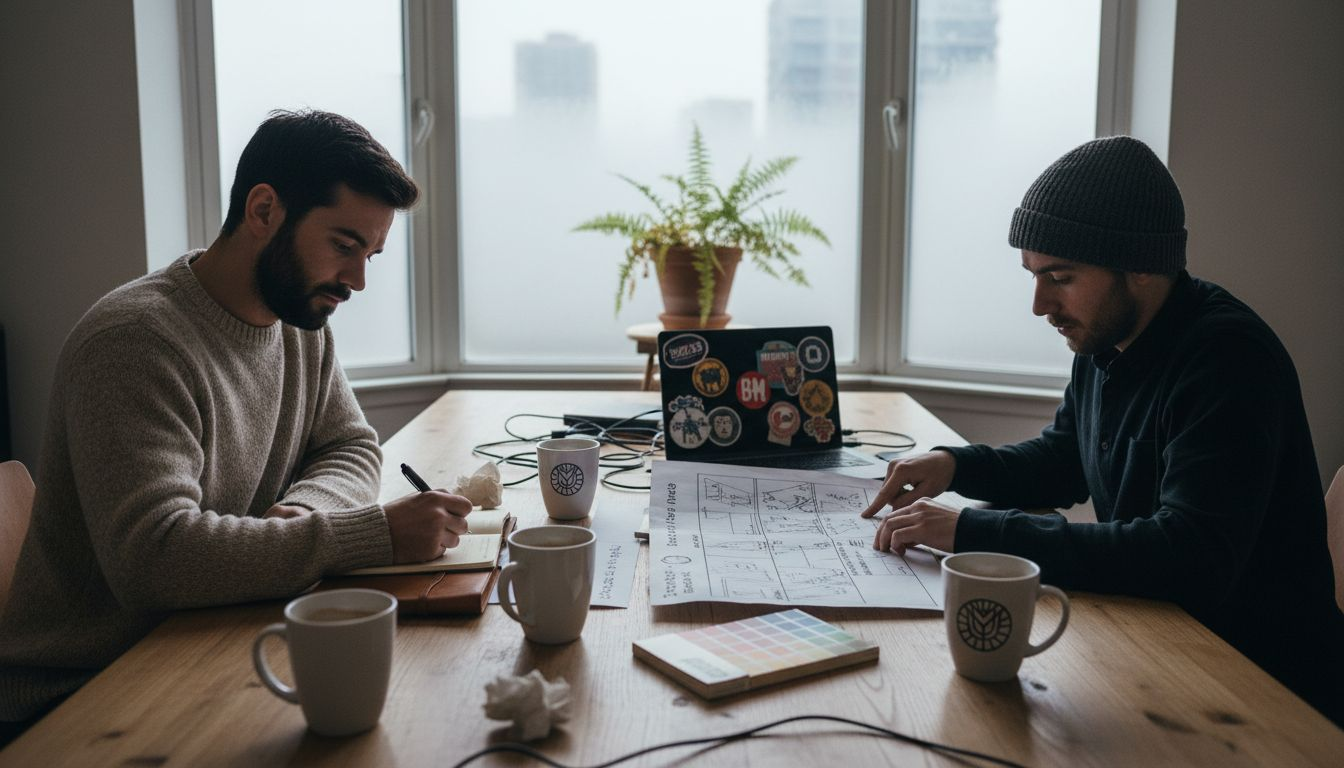 Séance de travail vidéo avec le storyboard étalé sur la table
