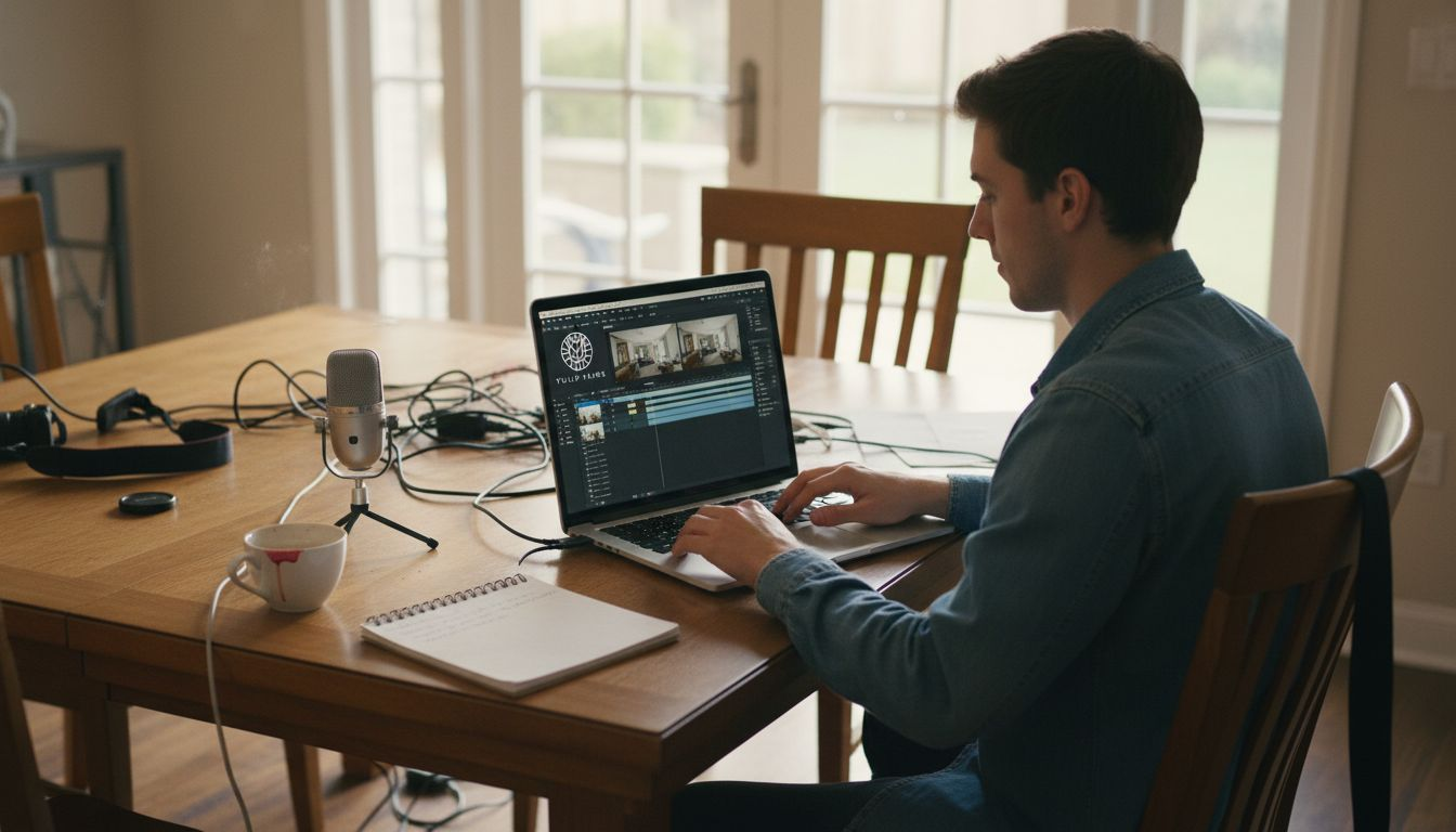 Man editing real estate videos at dining table