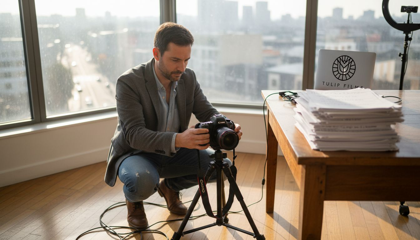 Un réalisateur vidéo en pleine préparation d'une interview dans les locaux de l'entreprise.