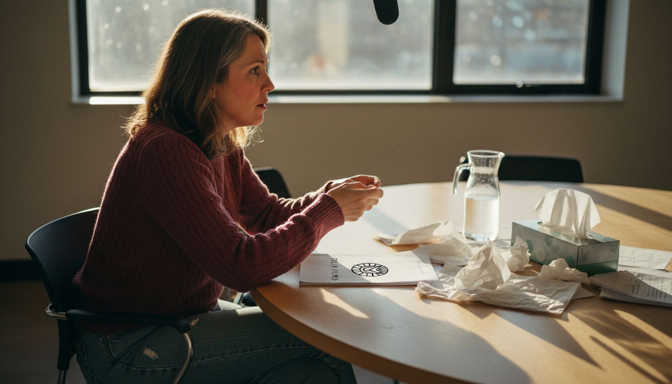 Une femme filmée en pleine interview chargée d’émotion