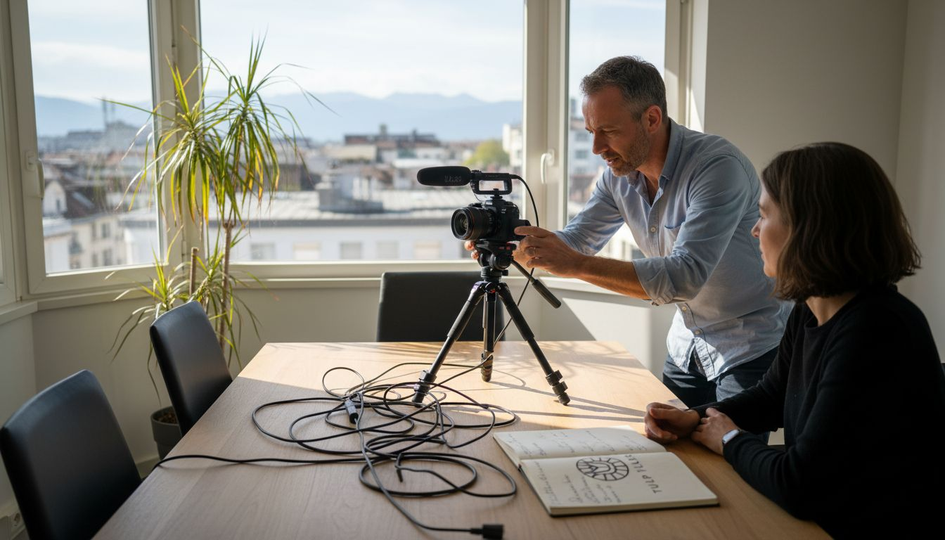 Deux collaborateurs d’une PME s’affairent à organiser un tournage vidéo.