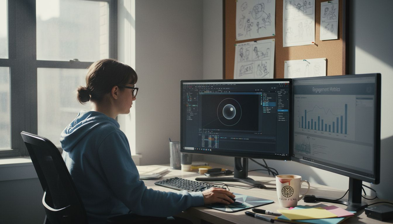 Designer animating explainer video in office workspace