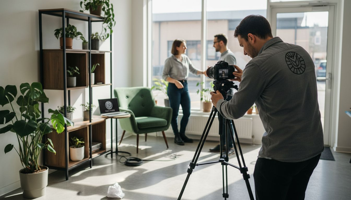 Un vidéaste vient installer son matériel de tournage dans les locaux d’une entreprise.