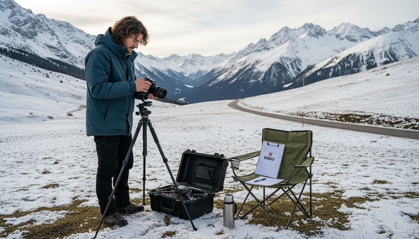 Swiss filmmaker preparing video shoot outdoors