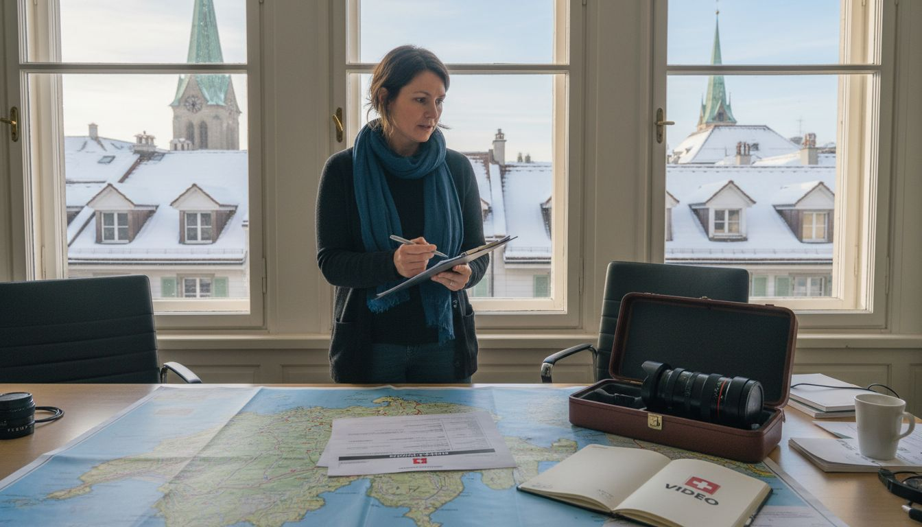 Project manager planning video shoot with local crew