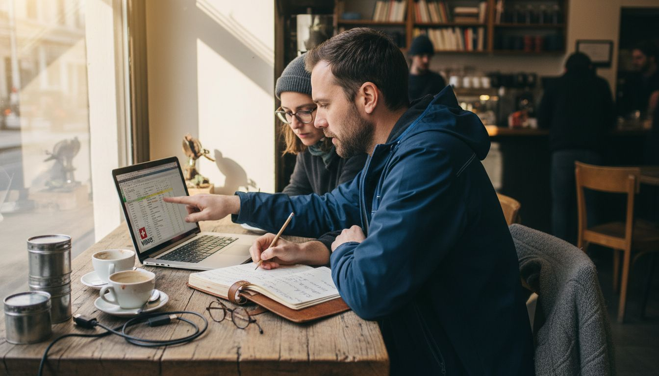 Film crew collaborating on Excel sheet in café