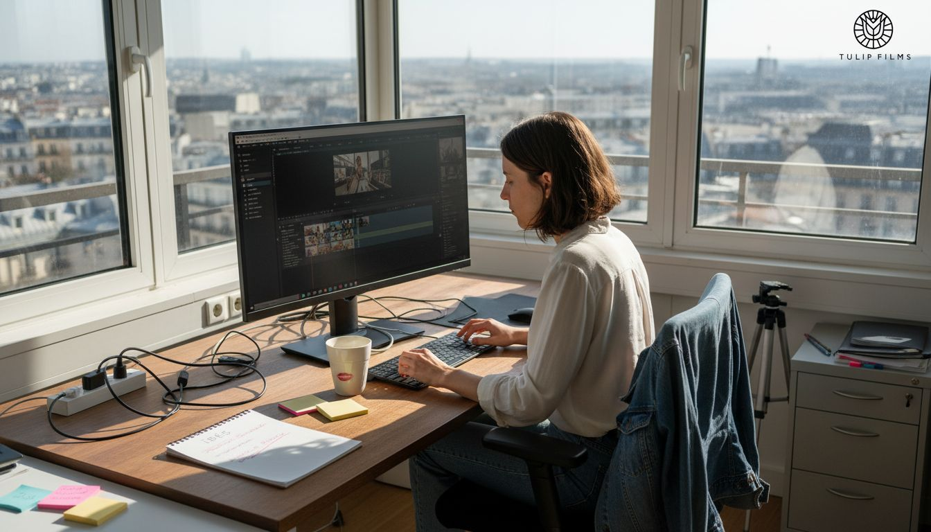 Monteuse vidéo installée dans un bureau moderne en plein centre-ville, dans une ambiance décontractée.