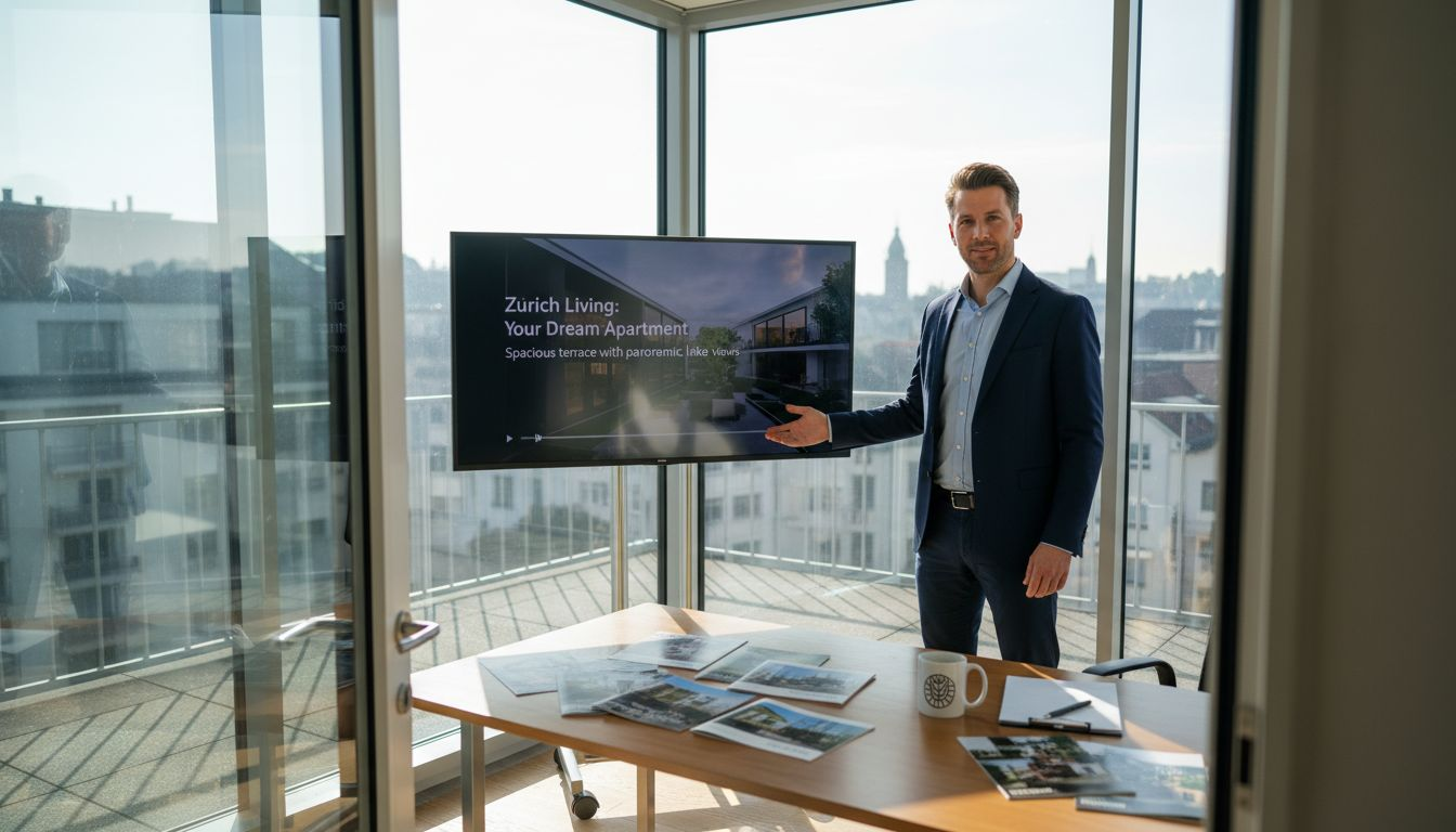 Swiss realtor presenting video in a sunny office