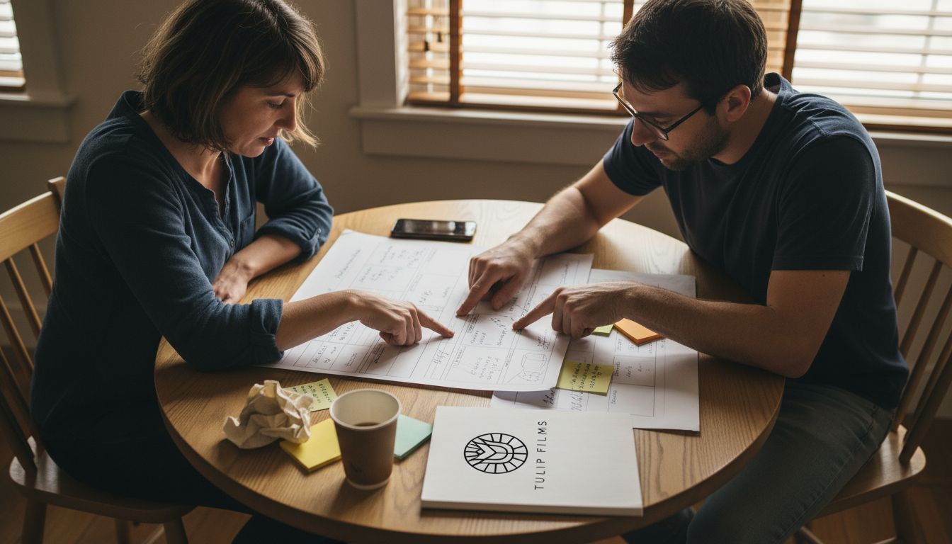 Autour d’un café, le client et le vidéaste échangent leurs idées et peaufinent ensemble le storyboard.