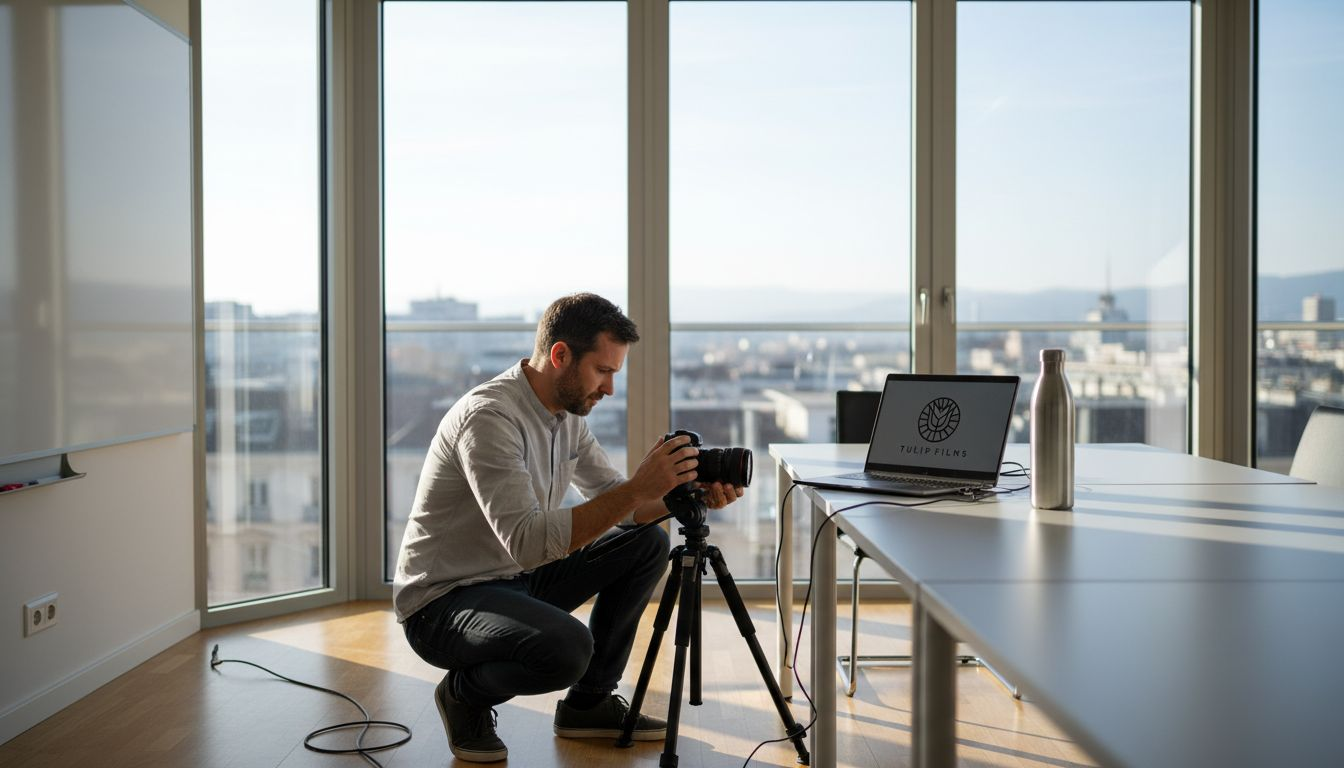 Un vidéaste prépare l’installation de sa caméra dans une salle de réunion à Genève, prêt à capturer chaque moment.
