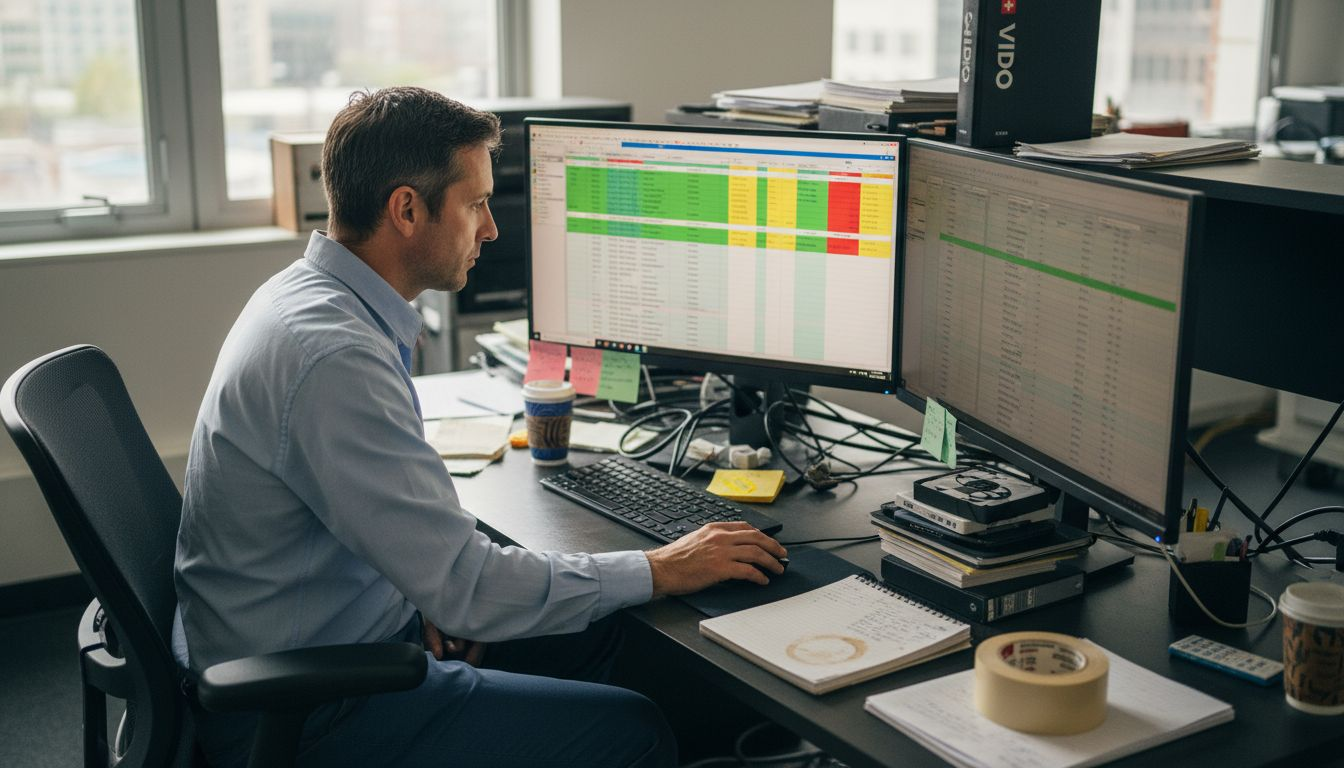 Supervisor reviewing budget in corner office