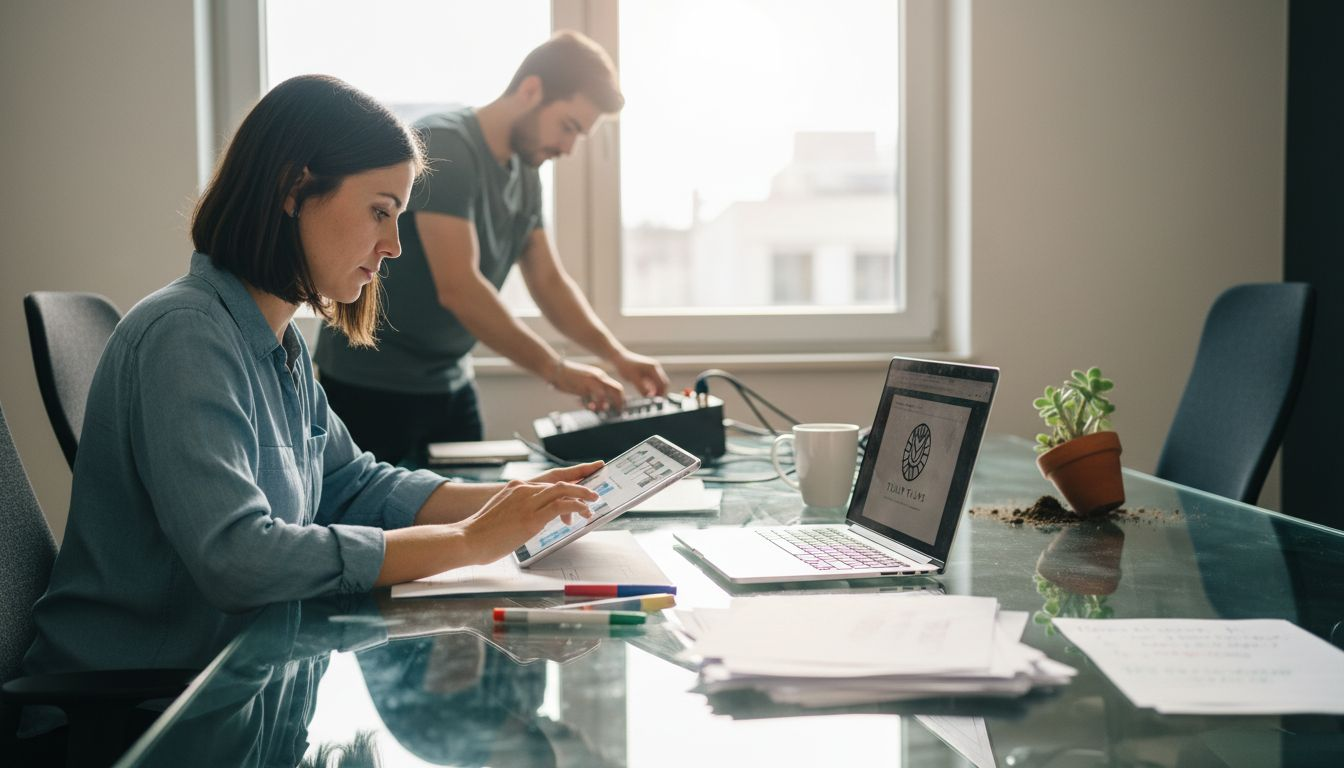 Manager reviewing storyboard at conference table