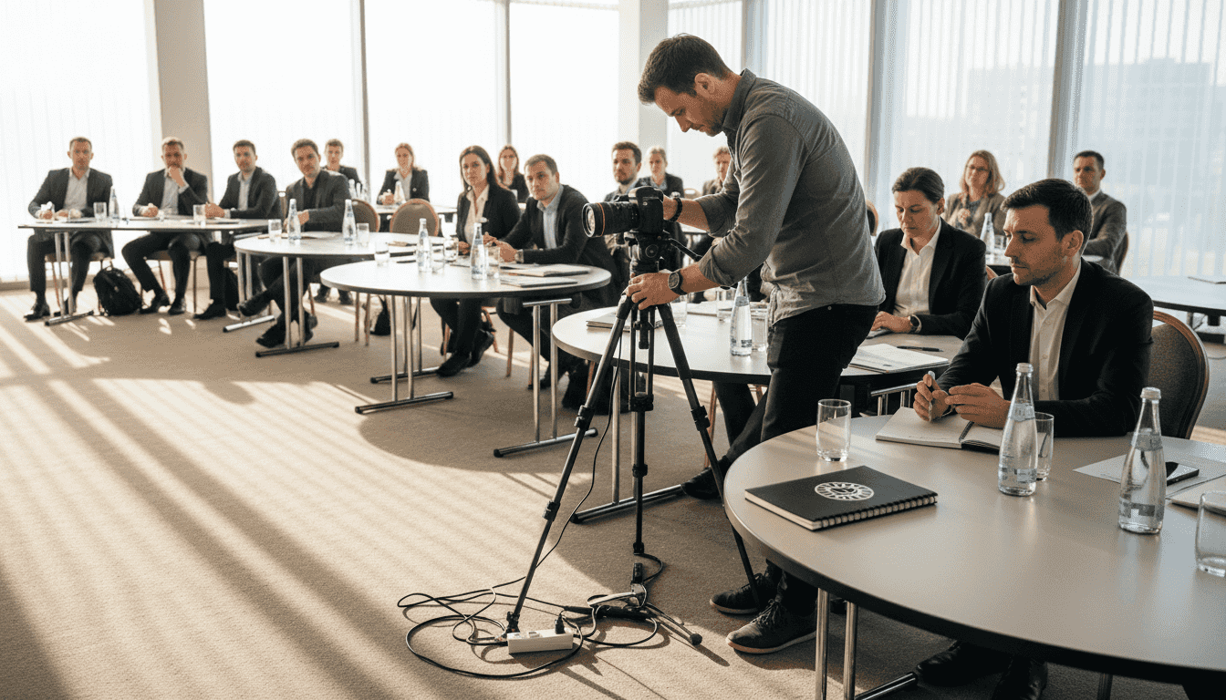 Un vidéaste en pleine captation d’un séminaire dans une salle baignée de lumière naturelle.