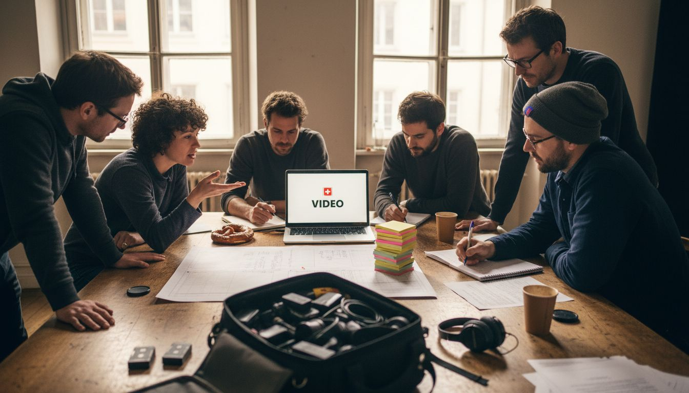 International film crew meeting in Zurich office